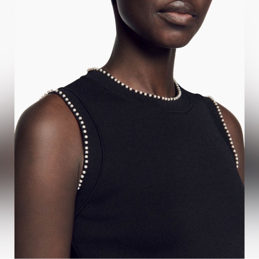 NWT Sandro Gild Faux Pearl Embellished Sleeveless Knit Tank Top Black  Sz/ 0 - Picture 2 of 12
